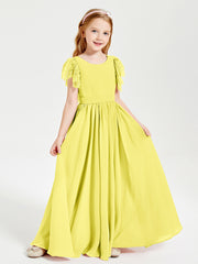 Chiffon Junior Bridesmaid Dresses Lace Flutter Sleeves Scoop Neck Lemon