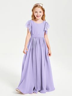 Chiffon Junior Bridesmaid Dresses Lace Flutter Sleeves Scoop Neck Lilac