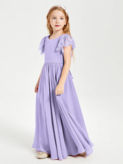 Chiffon Junior Bridesmaid Dresses Lace Flutter Sleeves Scoop Neck Lilac