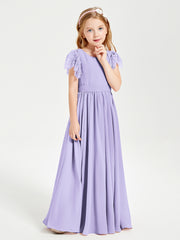 Chiffon Junior Bridesmaid Dresses Lace Flutter Sleeves Scoop Neck Lilac