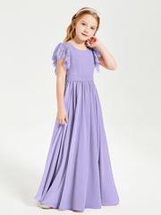 Chiffon Junior Bridesmaid Dresses Lace Flutter Sleeves Scoop Neck Lilac