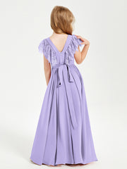 Chiffon Junior Bridesmaid Dresses Lace Flutter Sleeves Scoop Neck Lilac