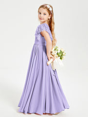 Chiffon Junior Bridesmaid Dresses Lace Flutter Sleeves Scoop Neck Lilac