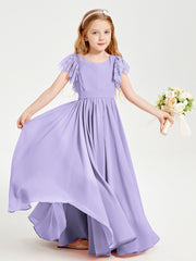 Chiffon Junior Bridesmaid Dresses Lace Flutter Sleeves Scoop Neck Lilac