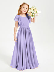 Chiffon Junior Bridesmaid Dresses Lace Flutter Sleeves Scoop Neck Lilac