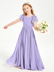Chiffon Junior Bridesmaid Dresses Lace Flutter Sleeves Scoop Neck Lilac