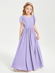 Chiffon Junior Bridesmaid Dresses Lace Flutter Sleeves Scoop Neck Lilac