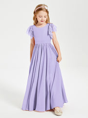 Chiffon Junior Bridesmaid Dresses Lace Flutter Sleeves Scoop Neck Lilac