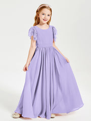 Chiffon Junior Bridesmaid Dresses Lace Flutter Sleeves Scoop Neck Lilac