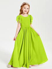 Chiffon Junior Bridesmaid Dresses Lace Flutter Sleeves Scoop Neck Lime Green