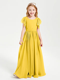 Chiffon Junior Bridesmaid Dresses Lace Flutter Sleeves Scoop Neck Marigold