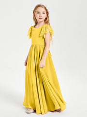 Chiffon Junior Bridesmaid Dresses Lace Flutter Sleeves Scoop Neck Marigold