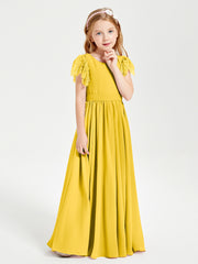 Chiffon Junior Bridesmaid Dresses Lace Flutter Sleeves Scoop Neck Marigold
