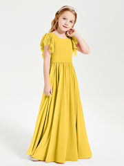 Chiffon Junior Bridesmaid Dresses Lace Flutter Sleeves Scoop Neck Marigold