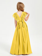 Chiffon Junior Bridesmaid Dresses Lace Flutter Sleeves Scoop Neck Marigold