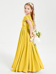 Chiffon Junior Bridesmaid Dresses Lace Flutter Sleeves Scoop Neck Marigold