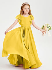 Chiffon Junior Bridesmaid Dresses Lace Flutter Sleeves Scoop Neck Marigold