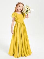 Chiffon Junior Bridesmaid Dresses Lace Flutter Sleeves Scoop Neck Marigold
