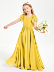 Chiffon Junior Bridesmaid Dresses Lace Flutter Sleeves Scoop Neck Marigold