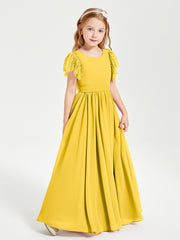 Chiffon Junior Bridesmaid Dresses Lace Flutter Sleeves Scoop Neck Marigold