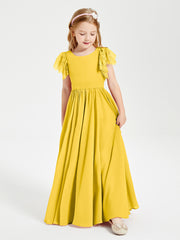 Chiffon Junior Bridesmaid Dresses Lace Flutter Sleeves Scoop Neck Marigold
