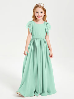 Chiffon Junior Bridesmaid Dresses Lace Flutter Sleeves Scoop Neck Mint Green