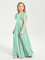 Chiffon Junior Bridesmaid Dresses Lace Flutter Sleeves Scoop Neck Mint Green