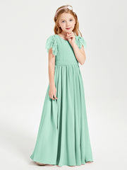 Chiffon Junior Bridesmaid Dresses Lace Flutter Sleeves Scoop Neck Mint Green