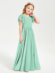 Chiffon Junior Bridesmaid Dresses Lace Flutter Sleeves Scoop Neck Mint Green