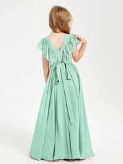 Chiffon Junior Bridesmaid Dresses Lace Flutter Sleeves Scoop Neck Mint Green