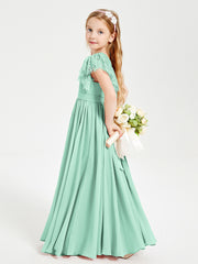 Chiffon Junior Bridesmaid Dresses Lace Flutter Sleeves Scoop Neck Mint Green