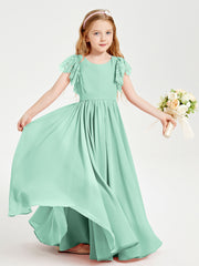 Chiffon Junior Bridesmaid Dresses Lace Flutter Sleeves Scoop Neck Mint Green