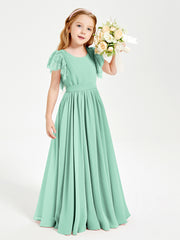 Chiffon Junior Bridesmaid Dresses Lace Flutter Sleeves Scoop Neck Mint Green