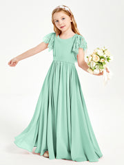 Chiffon Junior Bridesmaid Dresses Lace Flutter Sleeves Scoop Neck Mint Green