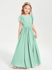 Chiffon Junior Bridesmaid Dresses Lace Flutter Sleeves Scoop Neck Mint Green