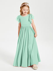 Chiffon Junior Bridesmaid Dresses Lace Flutter Sleeves Scoop Neck Mint Green