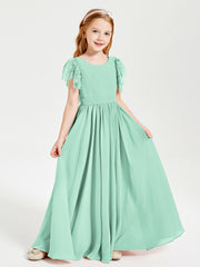 Chiffon Junior Bridesmaid Dresses Lace Flutter Sleeves Scoop Neck Mint Green