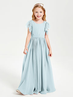 Chiffon Junior Bridesmaid Dresses Lace Flutter Sleeves Scoop Neck Mist