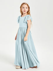 Chiffon Junior Bridesmaid Dresses Lace Flutter Sleeves Scoop Neck Mist