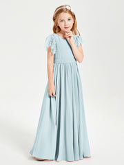 Chiffon Junior Bridesmaid Dresses Lace Flutter Sleeves Scoop Neck Mist