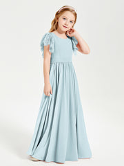 Chiffon Junior Bridesmaid Dresses Lace Flutter Sleeves Scoop Neck Mist