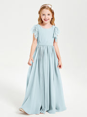 Chiffon Junior Bridesmaid Dresses Lace Flutter Sleeves Scoop Neck Mist