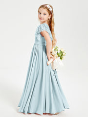 Chiffon Junior Bridesmaid Dresses Lace Flutter Sleeves Scoop Neck Mist
