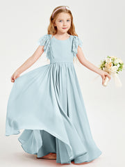 Chiffon Junior Bridesmaid Dresses Lace Flutter Sleeves Scoop Neck Mist