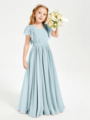 Chiffon Junior Bridesmaid Dresses Lace Flutter Sleeves Scoop Neck Mist
