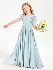 Chiffon Junior Bridesmaid Dresses Lace Flutter Sleeves Scoop Neck Mist