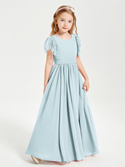 Chiffon Junior Bridesmaid Dresses Lace Flutter Sleeves Scoop Neck Mist