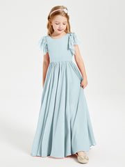 Chiffon Junior Bridesmaid Dresses Lace Flutter Sleeves Scoop Neck Mist