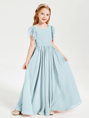 Chiffon Junior Bridesmaid Dresses Lace Flutter Sleeves Scoop Neck Mist
