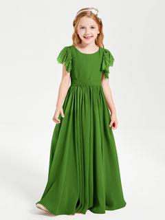 Chiffon Junior Bridesmaid Dresses Lace Flutter Sleeves Scoop Neck Moss